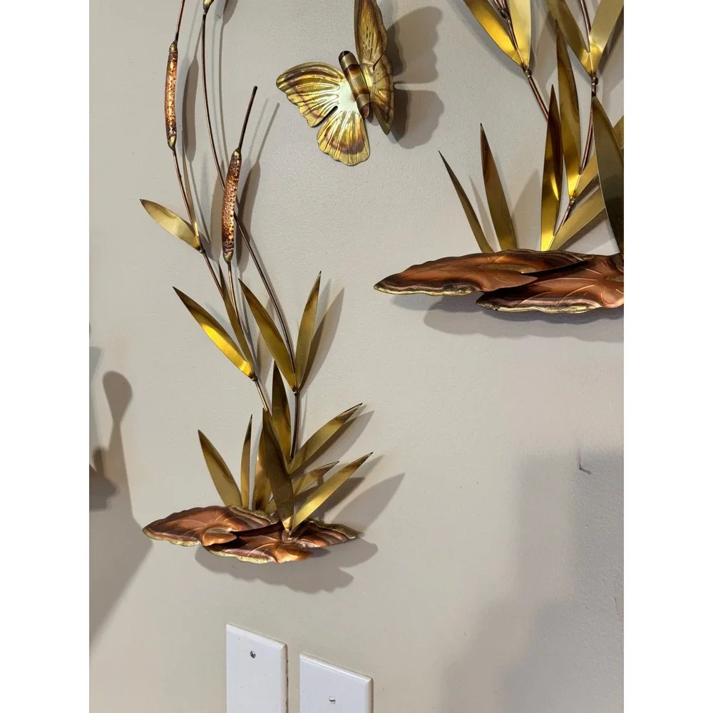 Vintage Mid-Century Modern Metal Wall Art Copper Brass Cattails Butterflies 4pc - Picture 2 of 6
